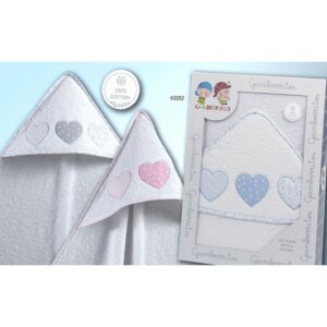 TOALLITA BEBE CAPA DE BAÑO CON CAPUCHA GAMBERRITOS 10252 fondo Blanco corazones Gris