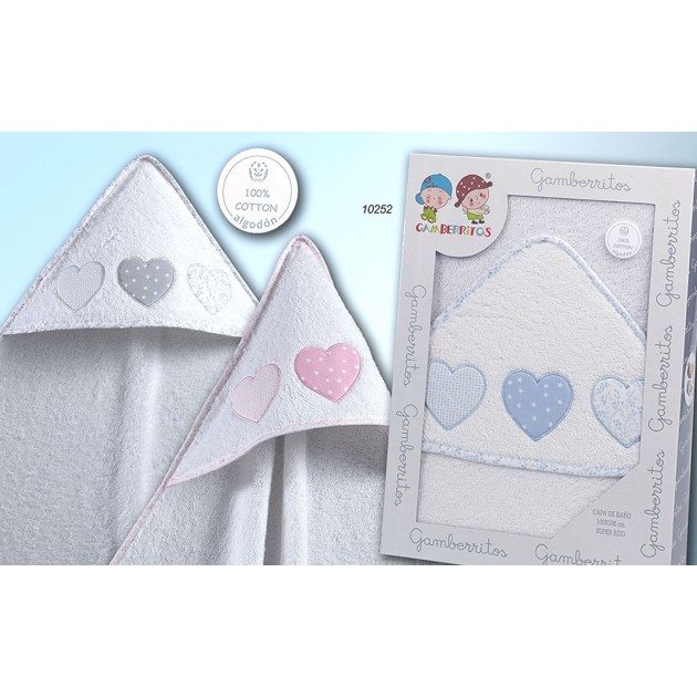 TOALLITA BEBE CAPA DE BAÑO CON CAPUCHA GAMBERRITOS 10252 fondo Blanco corazones Gris