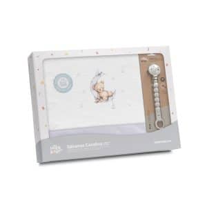 . Triptico juego sabanas Cuna Calentitas Invierno CORALINA Estampado OSO LUNA ESTRELLAS Bl/GRIS + Broche INTERBABY 30208-18