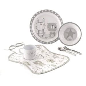 Set Vajilla Bebe Melamina 5 piezas + babero JANE estrellas t01