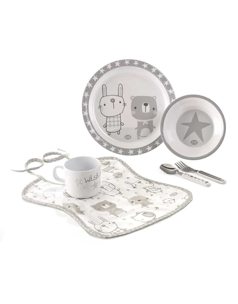 Set Vajilla Bebe Melamina 5 piezas + babero JANE estrellas t01